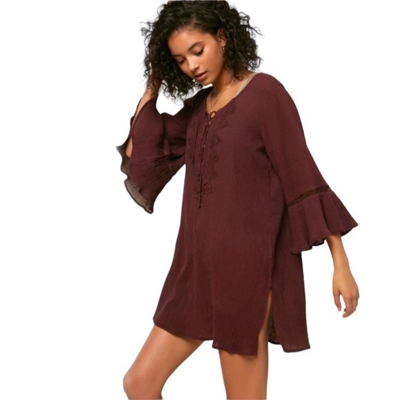 O'NEILL Cover up Saltwater Solids Bell Sleeve Dress Cover-Up Wine  - S NWT - Picture 1 of 7